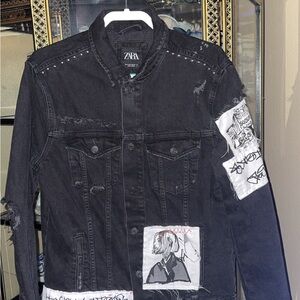 Zara Distressed Black Denim Jacket with Artistic Patches